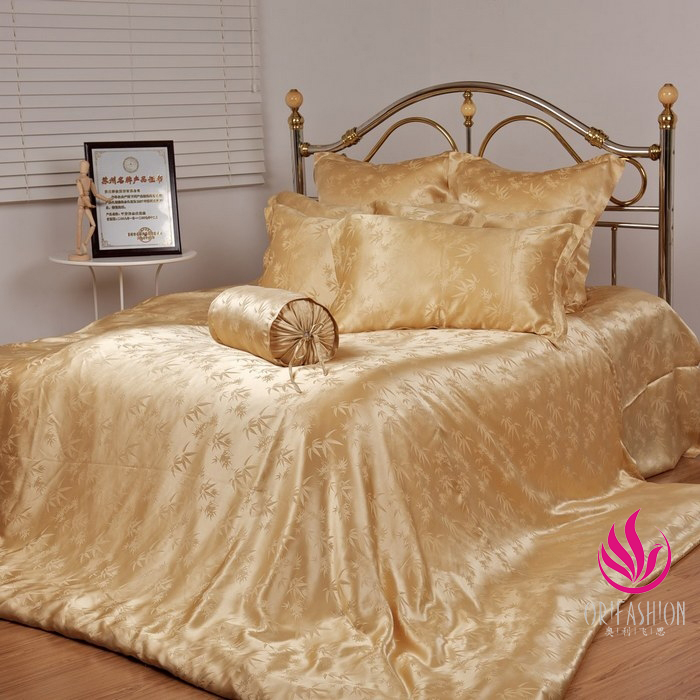 Orifashion Silk Bedding 6PCS Set Jacquard Bamboo Leaves Queen Si - Click Image to Close