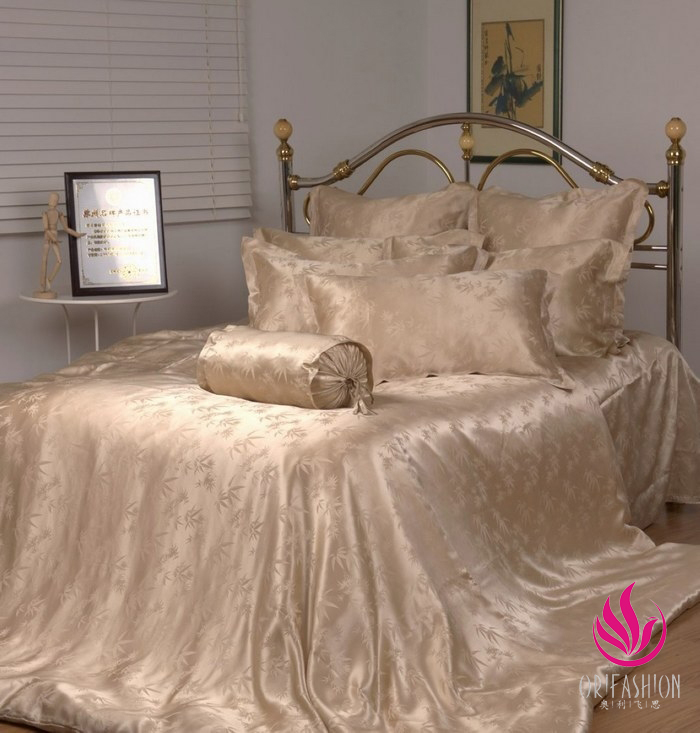 Orifashion Silk Bedding 8PCS Set Jacquard Bamboo Leaves Queen Si - Click Image to Close