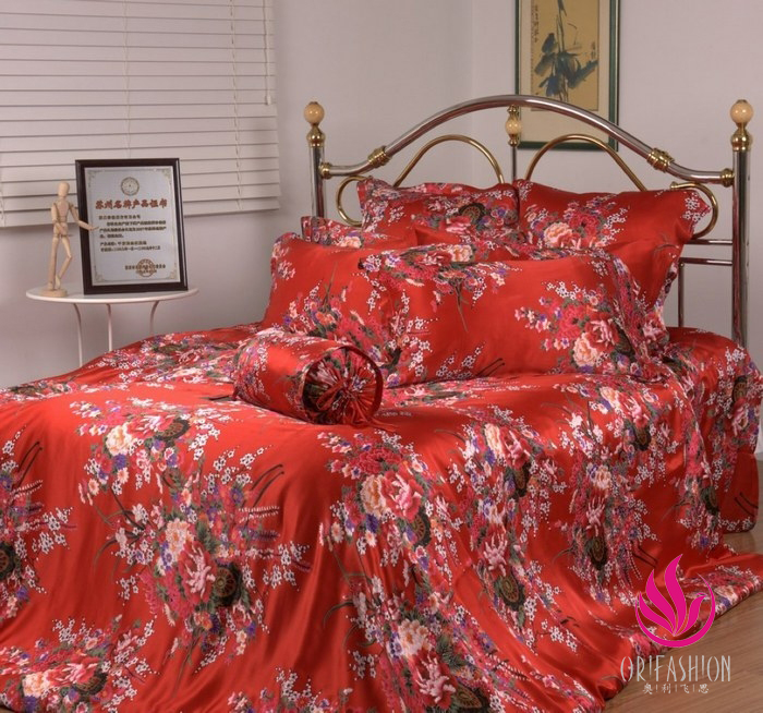 Orifashion Silk Bedding 6PCS Set Printed Floral Patterns Queen S