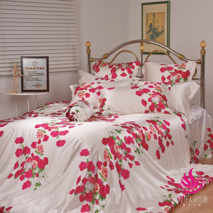 Orifashion Silk Bedding 8PCS Set Printed Floral Patterns Queen S