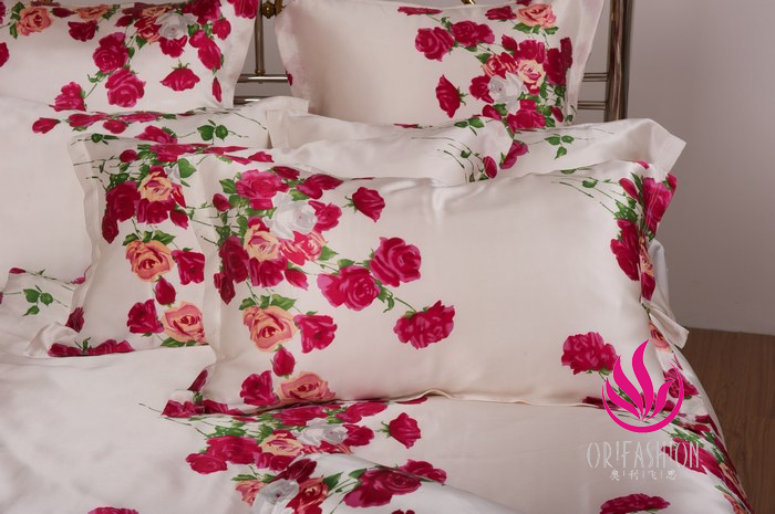 Orifashion Silk Bedding 6PCS Set Printed Floral Pattern King Siz