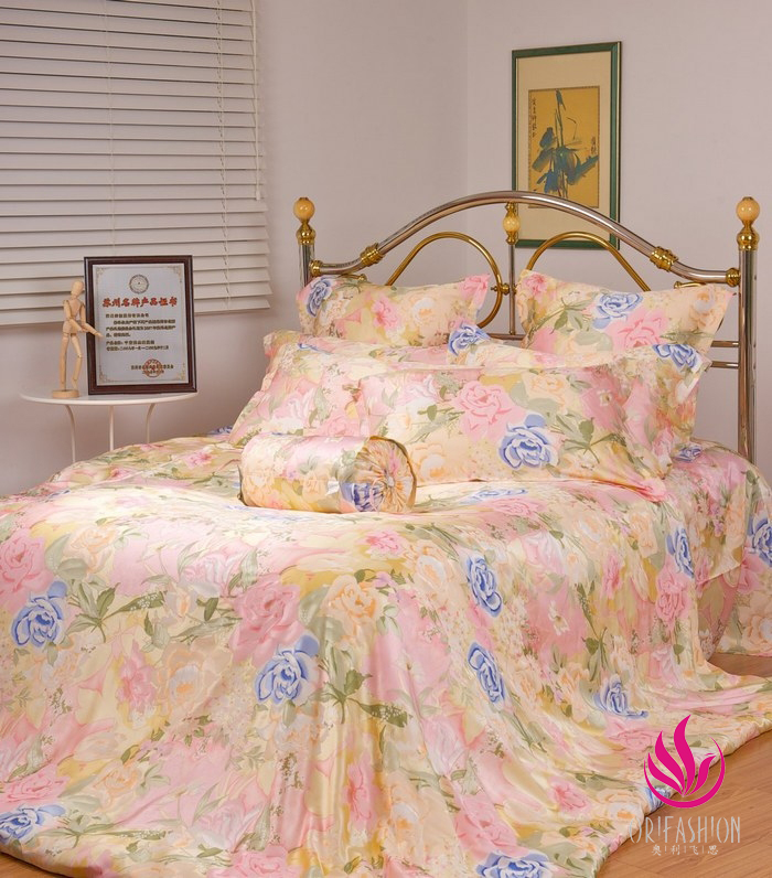 Orifashion Silk Bedding 4PCS Set Printed Floral Patterns King Si - Click Image to Close