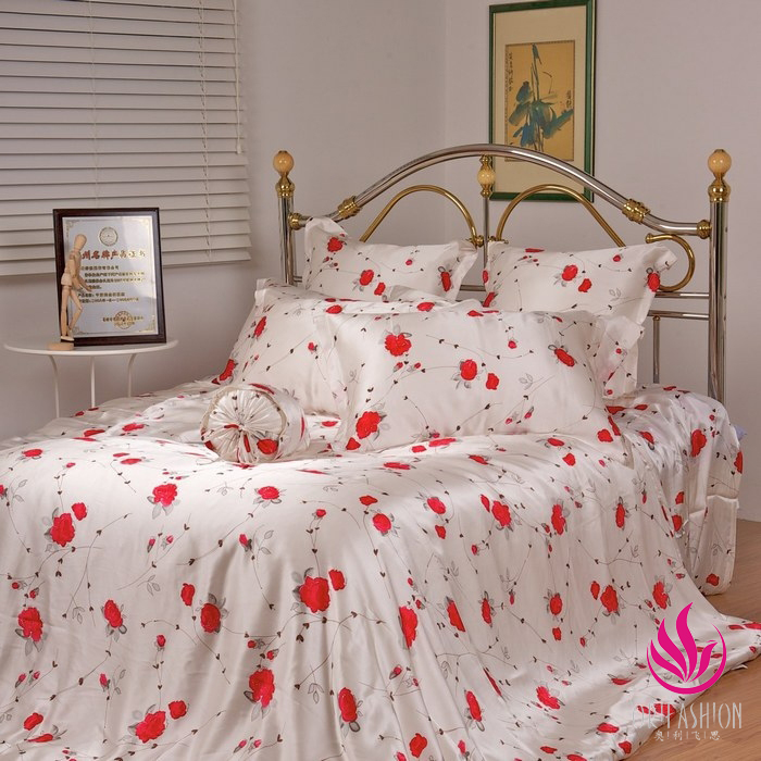 Orifashion Silk Bedding 4PCS Set Printed Floral Patterns King Si